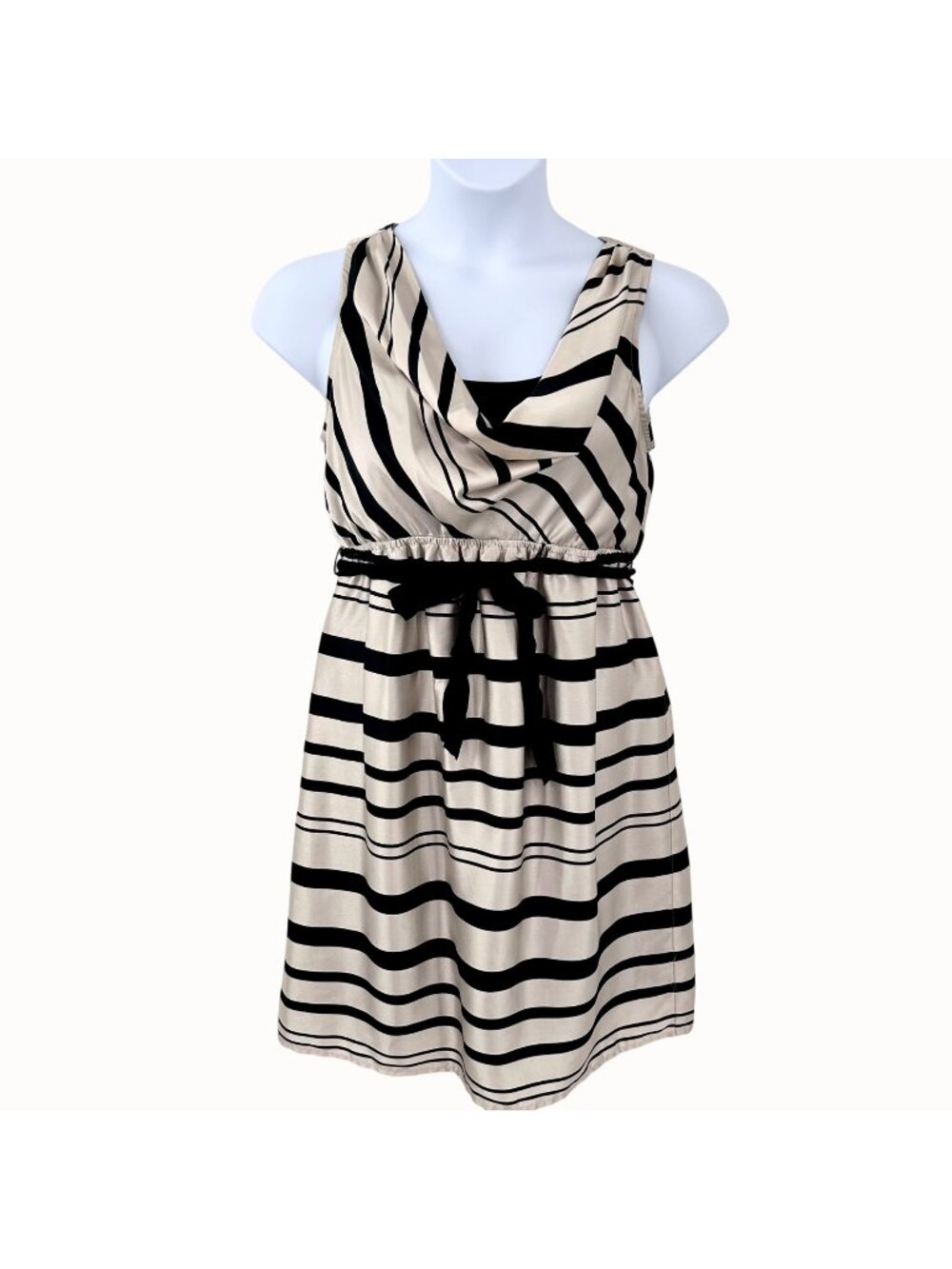 MOTHERHOOD MATERNITY SLEEVELESS BLACK & CREAM STRIPED COWL NECK DRESS - M